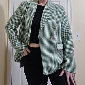 Entro Green White Houndstooth Double-Breasted Blazer Emily In Paris